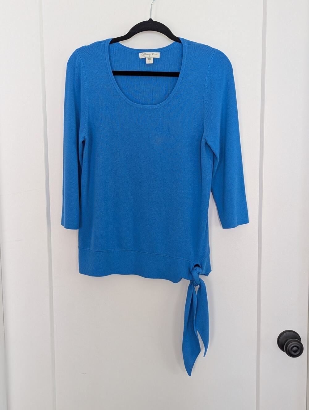 Coldwater Creek Blue Knit Top L/14 Side Tie Scoop Neck 3/4 Sleeve Rayon Coastal